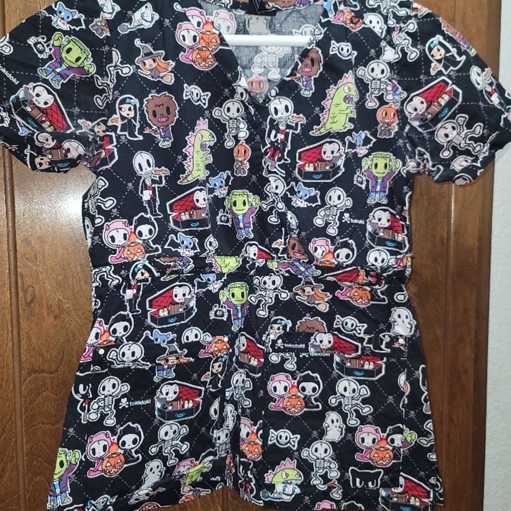 Colorful Cartoon Print Scrub Top